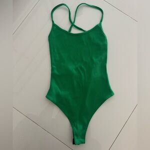 NWOT Green Ribbed Open Back Bodysuit